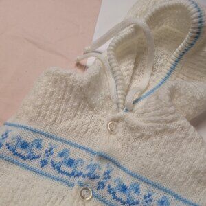 Vintage Tiny Tots Knitting Mills Baby Hooded Cardigan White & Blu  Knit 0-3M Can